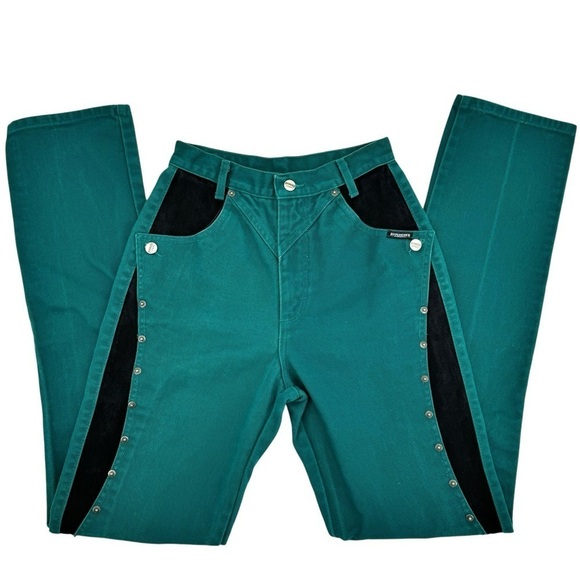 Vintage Denim - Vintage Roughrider Western Jeans High Waisted Embellished Cut Out Teal Black 24"